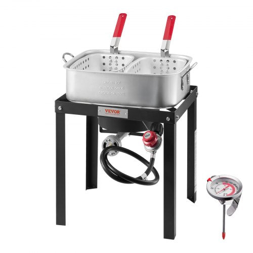 18 Qt Fish and Wing Fryer with Double Basket, Aluminum Propane Fish Fryer Kit, Outdoor Deep Fryer Seafood Pot with Thermometer and 58,000 BTUs Propane Burners, for Outdoor and Backyard Cooking