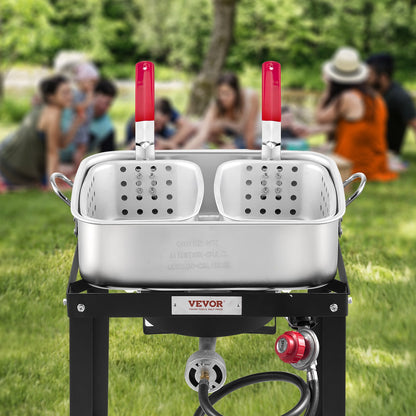 18 Qt Fish and Wing Fryer with Double Basket, Aluminum Propane Fish Fryer Kit, Outdoor Deep Fryer Seafood Pot with Thermometer and 58,000 BTUs Propane Burners, for Outdoor and Backyard Cooking