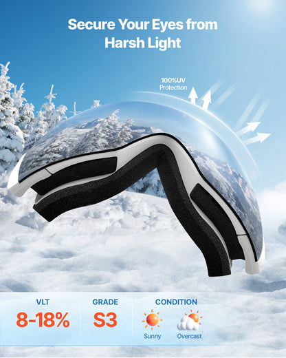Frameless Ski Goggles, Spherical Lens with Pink Revo Coating, OTG Anti fog Snow Goggles for Men Women Youth, TPU Frame & Ventilation Structure, Suitable for Skiing, Skating, Snowboarding