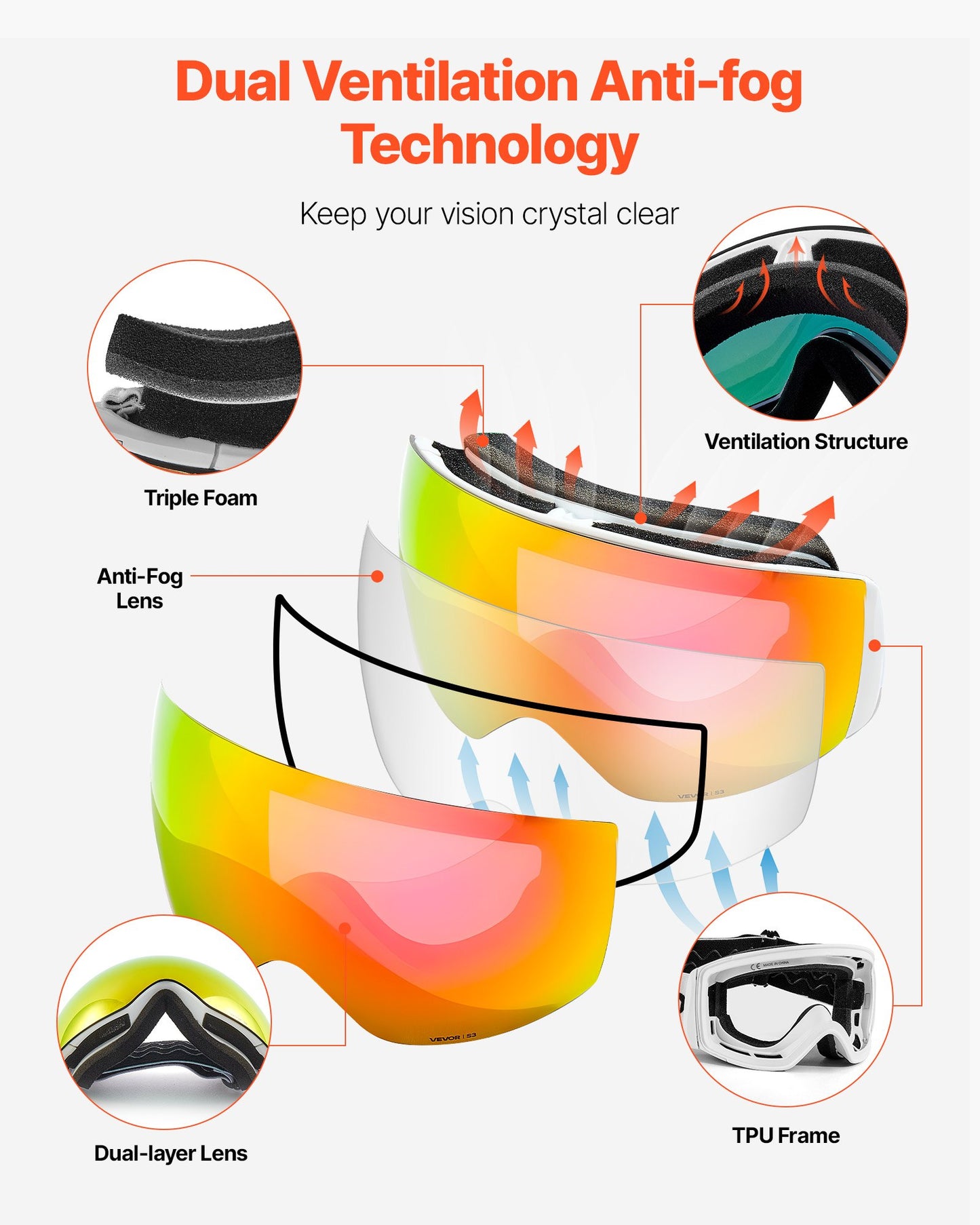 Frameless Ski Goggles, Spherical Lens with Pink Revo Coating, OTG Anti fog Snow Goggles for Men Women Youth, TPU Frame & Ventilation Structure, Suitable for Skiing, Skating, Snowboarding