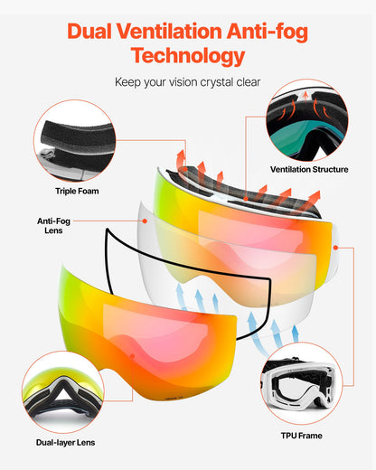 Frameless Ski Goggles, Spherical Lens with Pink Revo Coating, OTG Anti fog Snow Goggles for Men Women Youth, TPU Frame & Ventilation Structure, Suitable for Skiing, Skating, Snowboarding