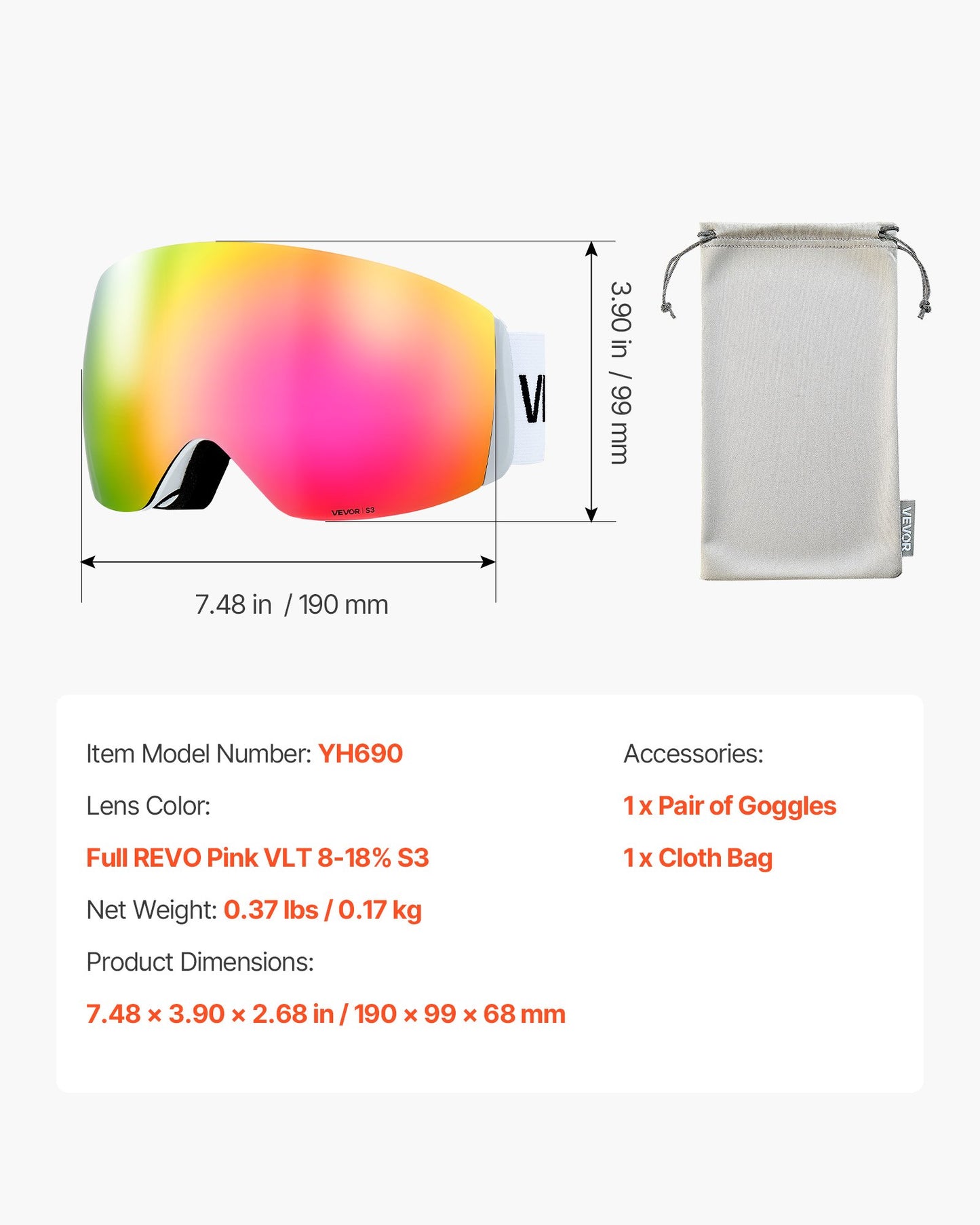 Frameless Ski Goggles, Spherical Lens with Pink Revo Coating, OTG Anti fog Snow Goggles for Men Women Youth, TPU Frame & Ventilation Structure, Suitable for Skiing, Skating, Snowboarding