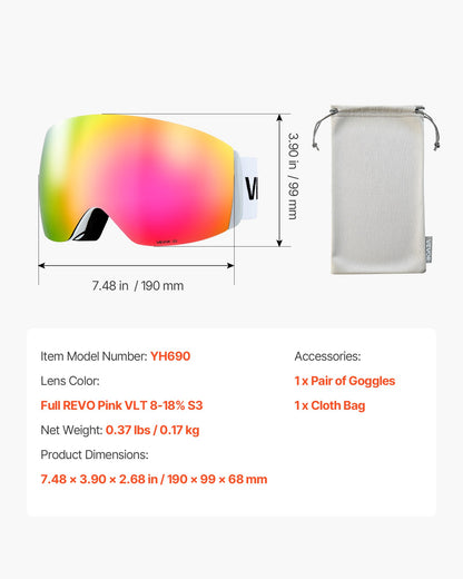 Frameless Ski Goggles, Spherical Lens with Pink Revo Coating, OTG Anti fog Snow Goggles for Men Women Youth, TPU Frame & Ventilation Structure, Suitable for Skiing, Skating, Snowboarding