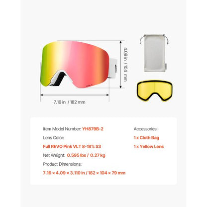 Ramlösa Skidglasögon, Magnetcylindrisk Lins med Rosa Revo-beläggning, OTG Anti-imma Snöglasögon för Herr Dam Ungdom, TPU-Båge och Ventilationsstruktur, Lämplig för Skidåkning, Skridskoåkning, Snowboardåkning |  EU