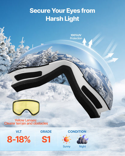 Frameless Ski Goggles, Magnet Cylindrical Lens with Pink Revo Coating, OTG Anti fog Snow Goggles for Men Women Youth, TPU Frame & Ventilation Structure, Fit for Skiing, Skating, Snowboarding