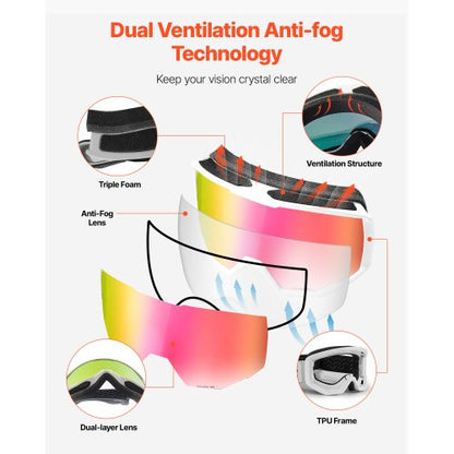 Skidglasögon, cylindriska linser med rosa Revo-beläggning, OTG anti-imma snöglasögon för män kvinnor ungdomar, TPU-ram och ventilationsstruktur, lämpliga för skidåkning, skridskoåkning, snowboardåkning, cykling |  EU