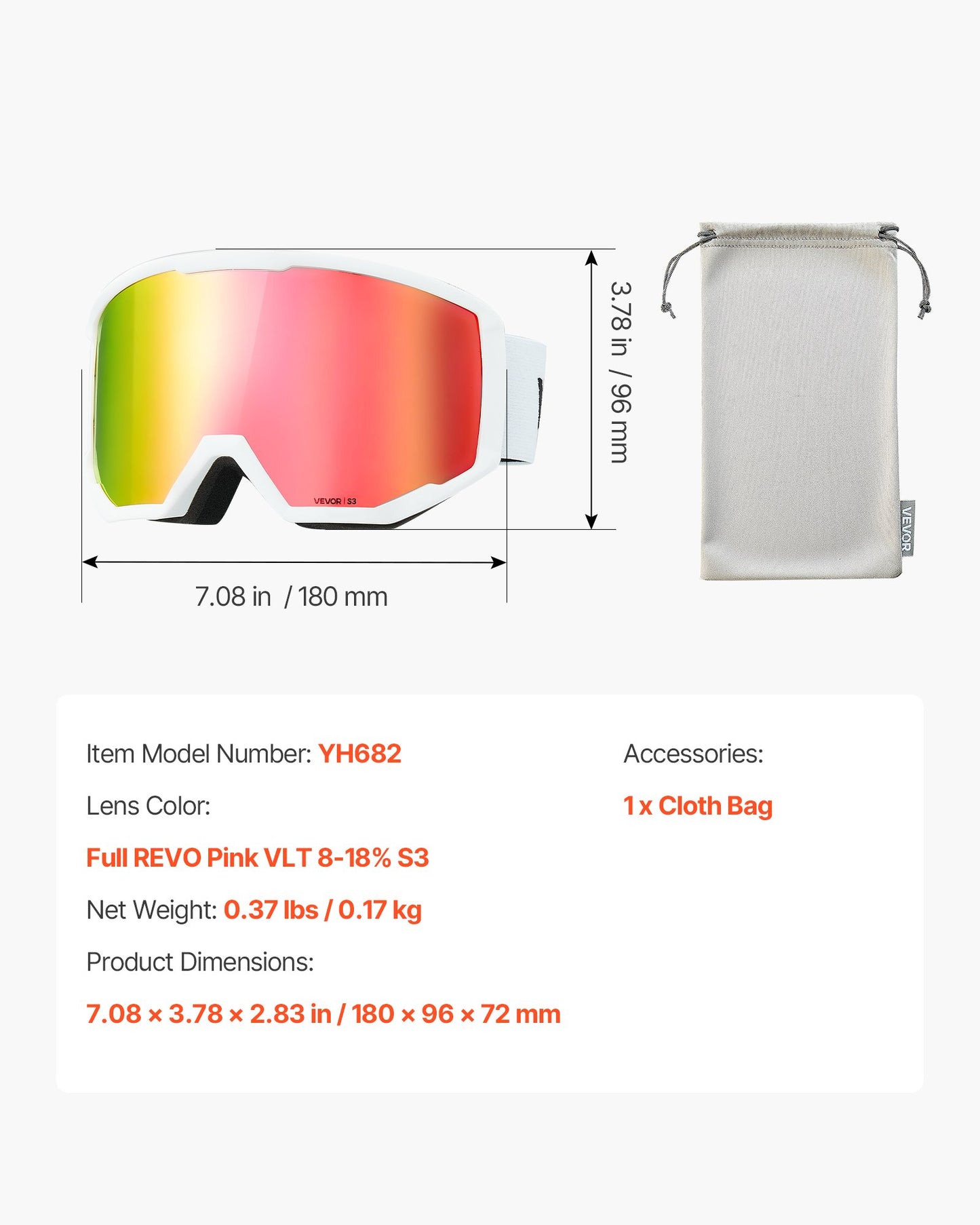 Ski Goggles, Cylindrical Lens with Pink Revo Coating, OTG Anti fog Snow Goggles for Men Women Youth, TPU Frame & Ventilation Structure, Suitable for Skiing, Skating, Snowboarding, Cycling