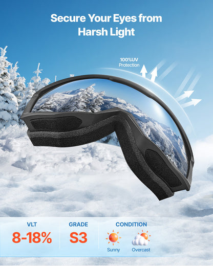 Ski Goggles, Cylindrical Lens with Orange Revo Coating, OTG Anti fog Snow Goggles for Men Women Youth, TPU Frame & Ventilation Structure, Suitable for Skiing, Skating, Snowboarding, Cycling