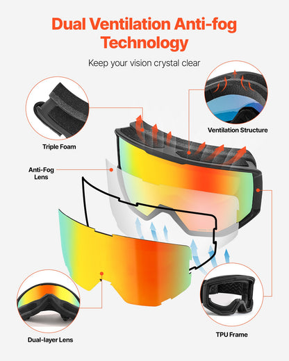 Ski Goggles, Cylindrical Lens with Orange Revo Coating, OTG Anti fog Snow Goggles for Men Women Youth, TPU Frame & Ventilation Structure, Suitable for Skiing, Skating, Snowboarding, Cycling