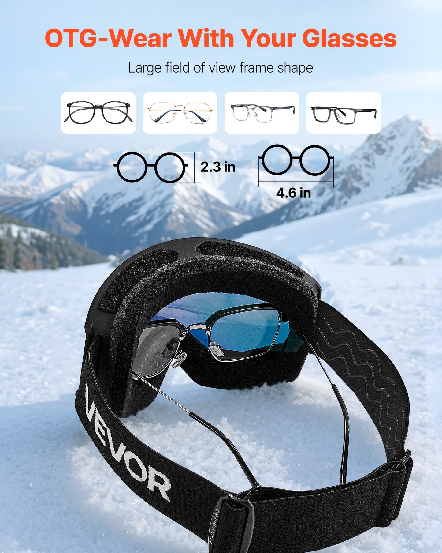 Ski Goggles, Cylindrical Lens with Orange Revo Coating, OTG Anti fog Snow Goggles for Men Women Youth, TPU Frame & Ventilation Structure, Suitable for Skiing, Skating, Snowboarding, Cycling