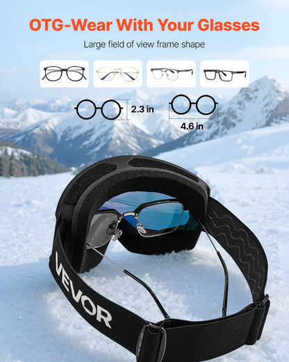 Ski Goggles, Cylindrical Lens with Orange Revo Coating, OTG Anti fog Snow Goggles for Men Women Youth, TPU Frame & Ventilation Structure, Suitable for Skiing, Skating, Snowboarding, Cycling