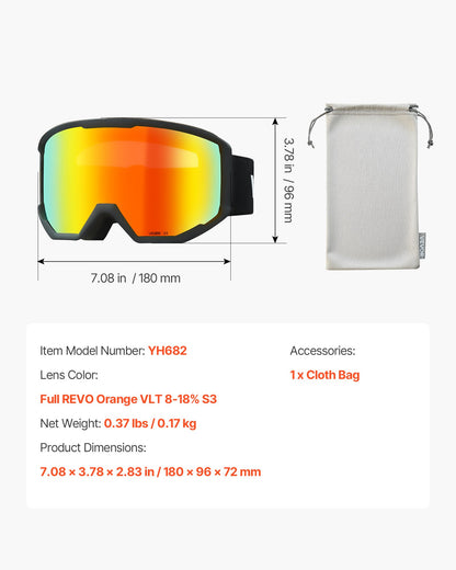 Ski Goggles, Cylindrical Lens with Orange Revo Coating, OTG Anti fog Snow Goggles for Men Women Youth, TPU Frame & Ventilation Structure, Suitable for Skiing, Skating, Snowboarding, Cycling