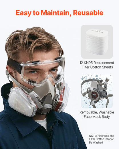 Respirator Mask, Reusable Half Face Cover with Safety Glasses and Filters, Organic Vapor Mask and Dust-proof Face Cover, for Painting, Polishing, Welding, Woodworking and Other Work Protection