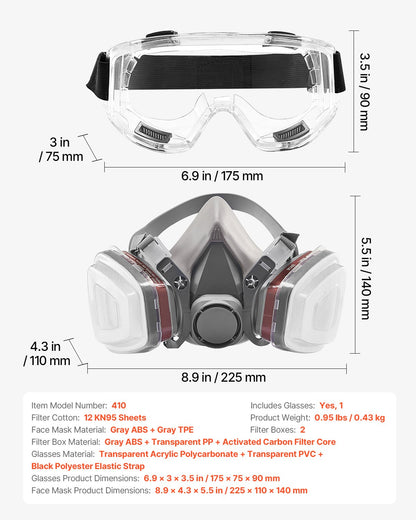 Respirator Mask, Reusable Half Face Cover with Safety Glasses and Filters, Organic Vapor Mask and Dust-proof Face Cover, for Painting, Polishing, Welding, Woodworking and Other Work Protection