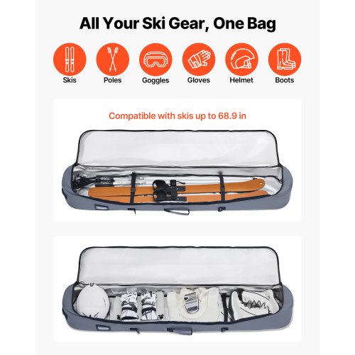 Snowboardväska, upp till 165 cm, vadderad skid- och snowboardväska för flygresor, 600D vattentät oxfordväv, med justerbara innerremmar, för skidstavar, skyddsglasögon, handskar, hjälm, stövlar (grå) |  EU