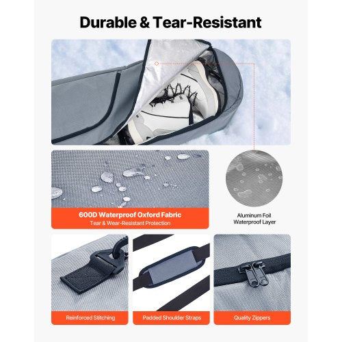Snowboardväska, upp till 165 cm, vadderad skid- och snowboardväska för flygresor, 600D vattentät oxfordväv, med justerbara innerremmar, för skidstavar, skyddsglasögon, handskar, hjälm, stövlar (grå) |  EU