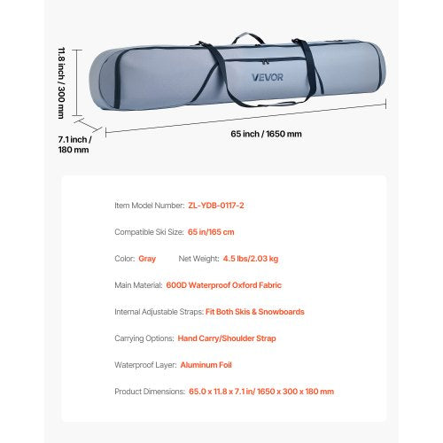 Snowboardväska, upp till 165 cm, vadderad skid- och snowboardväska för flygresor, 600D vattentät oxfordväv, med justerbara innerremmar, för skidstavar, skyddsglasögon, handskar, hjälm, stövlar (grå) |  EU