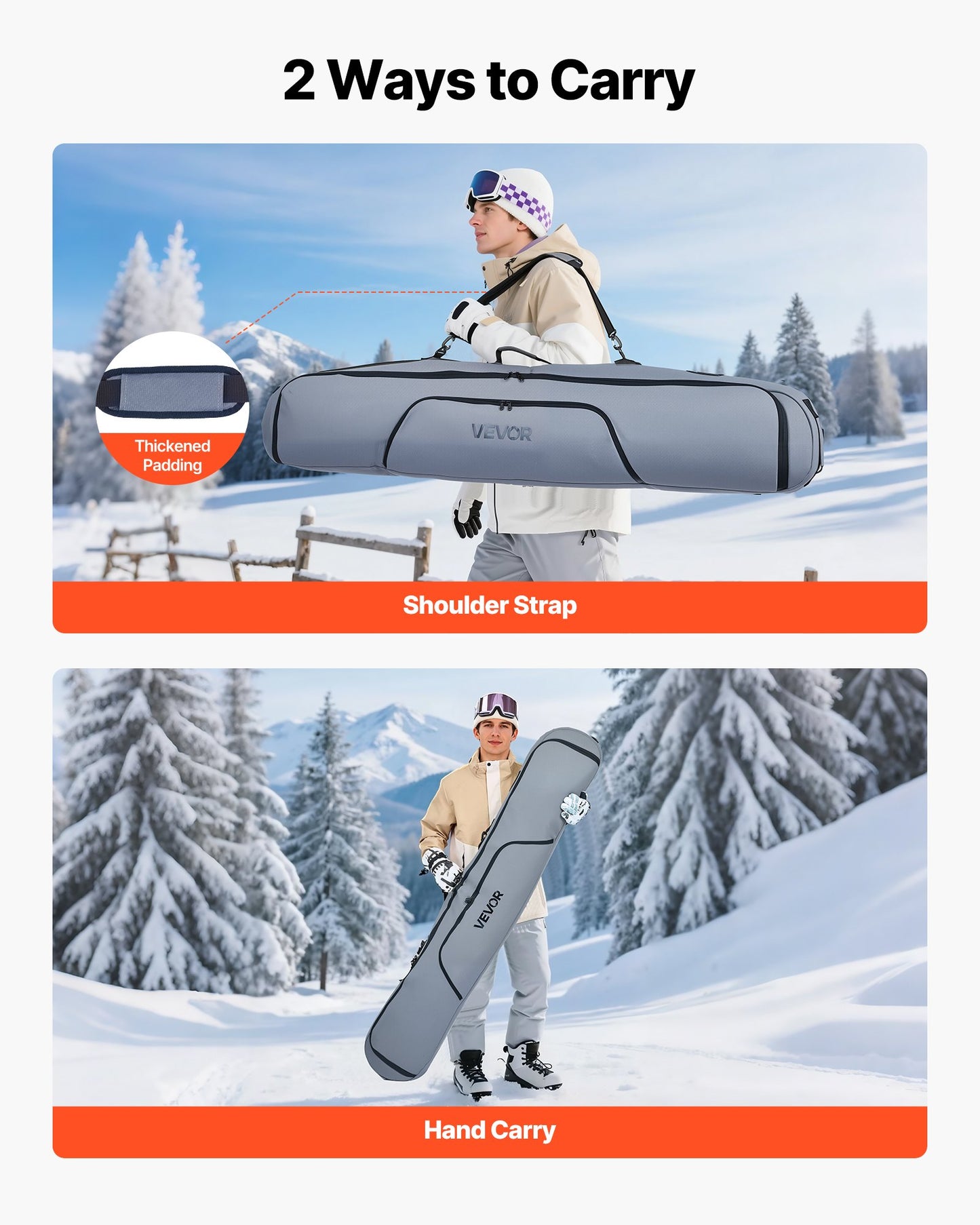Snowboard Bag, Up to 65 in/165 cm, Padded Skis & Snowboards Bag for Air Travel, 600D Waterproof Oxford Fabric, with Adjustable Inner Straps, for Skis Poles Goggles Gloves Helmet Boots (Gray)