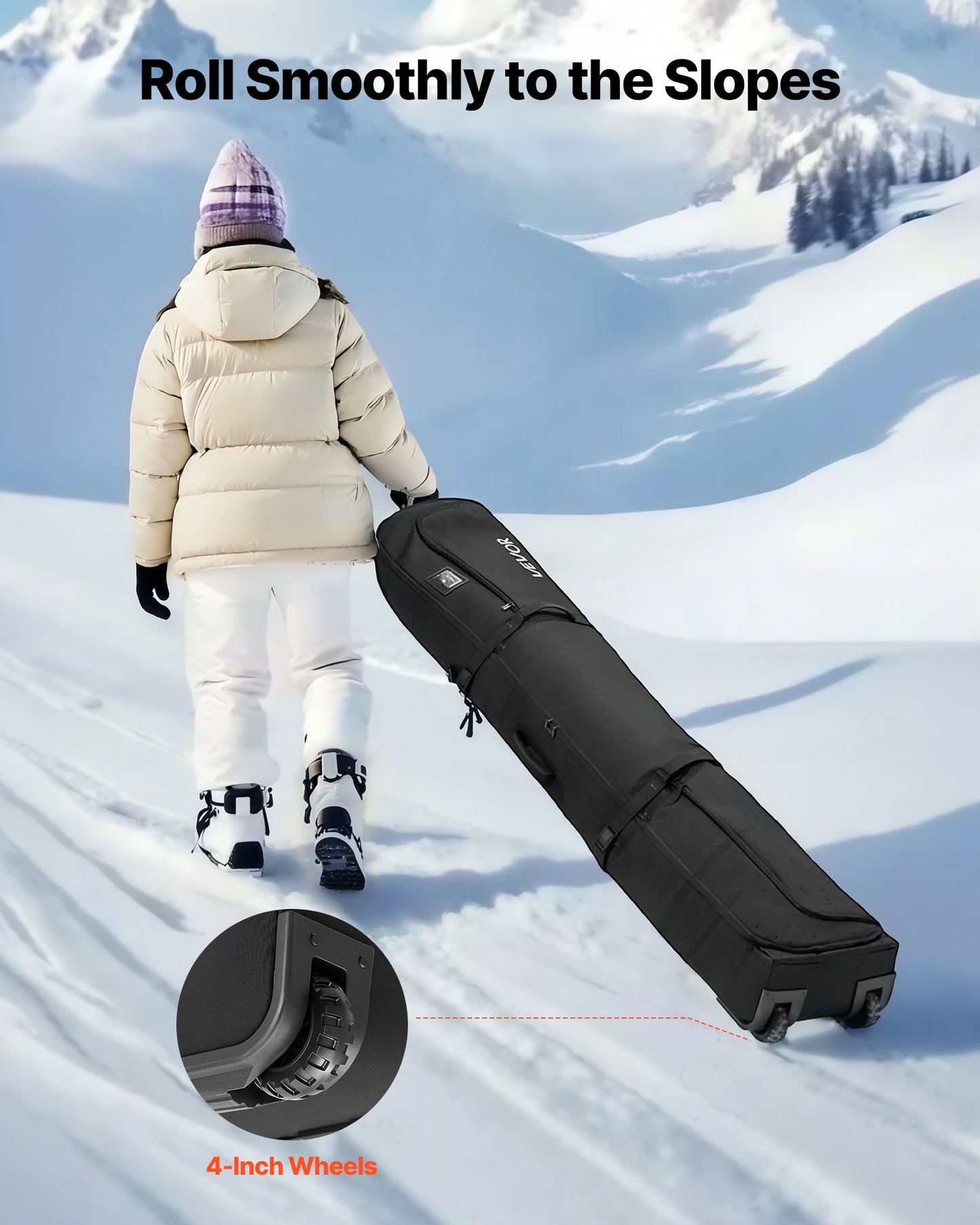 Ski Roller Bag, Up to 68.9 in/175 cm, Padded Snowboard Bag with Wheels for Air Travel, 600D Waterproof Oxford Fabric, with Adjustable Straps, for Skis Poles Goggles Gloves Helmet Boots (Black)