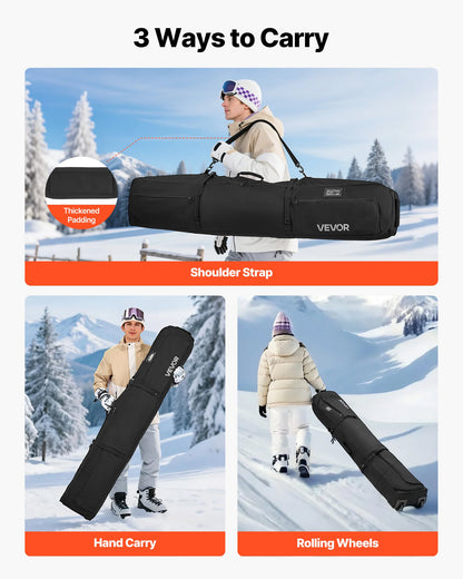Ski Roller Bag, Up to 68.9 in/175 cm, Padded Snowboard Bag with Wheels for Air Travel, 600D Waterproof Oxford Fabric, with Adjustable Straps, for Skis Poles Goggles Gloves Helmet Boots (Black)