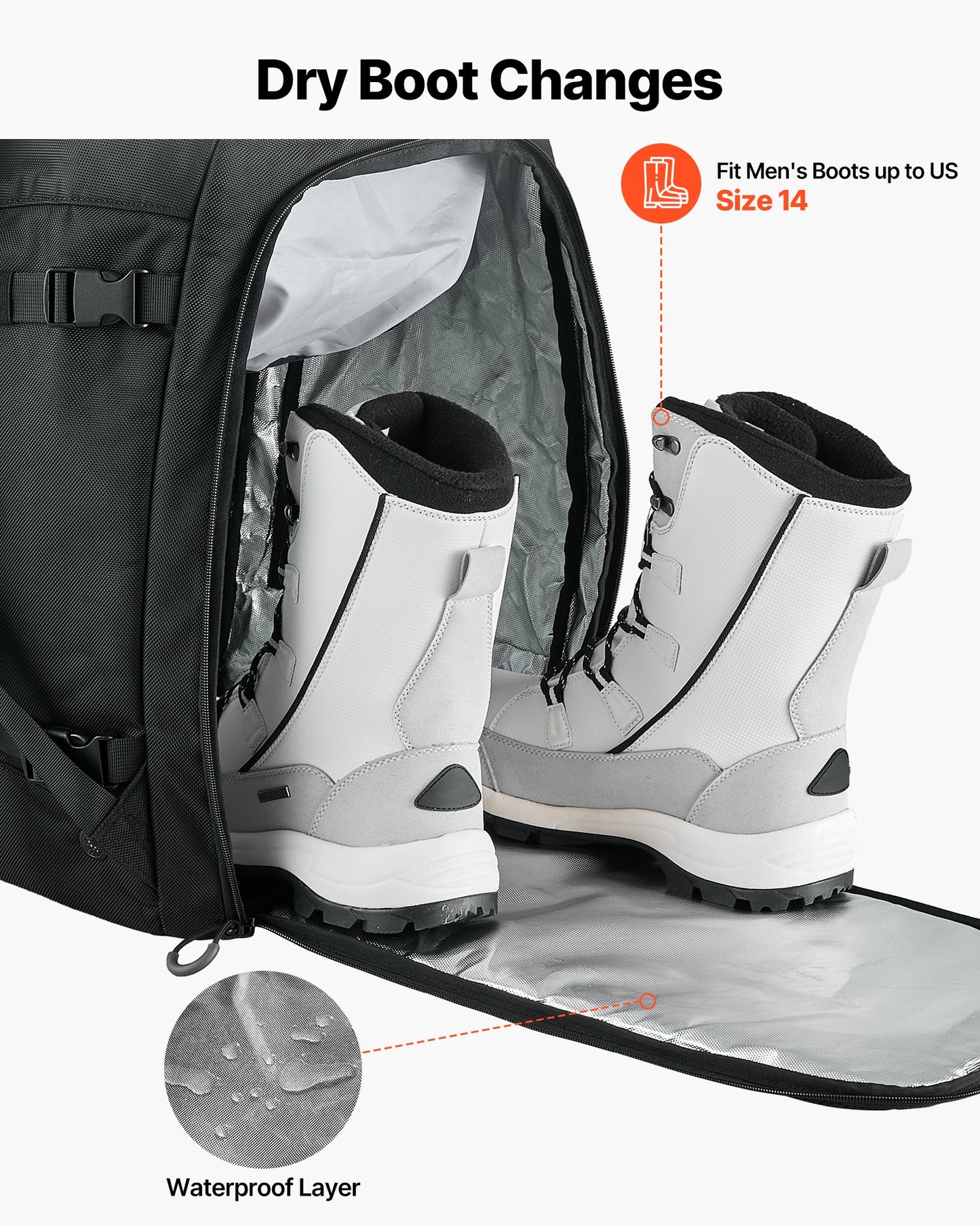 Ski Boot Bag, 55L, Snowboard Boots Travel Backpack for Men Women, with Waterproof Exterior & Bottom, Durable 1680D Oxford, Bag for Skis, Snowboard, Helmet, Goggles, Gloves, Accessories (Black)
