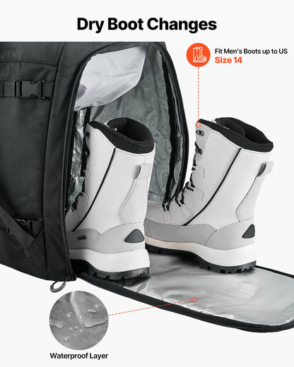 Ski Boot Bag, 55L, Snowboard Boots Travel Backpack for Men Women, with Waterproof Exterior & Bottom, Durable 1680D Oxford, Bag for Skis, Snowboard, Helmet, Goggles, Gloves, Accessories (Black)