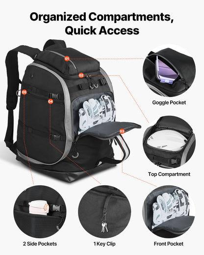 Ski Boot Bag, 65L, Snowboard Boots Travel Backpack for Men Women, with Waterproof Exterior & Bottom, Durable 1680D Oxford, Bag for Skis, Snowboard, Helmet, Goggles, Gloves, Accessories (Black).
