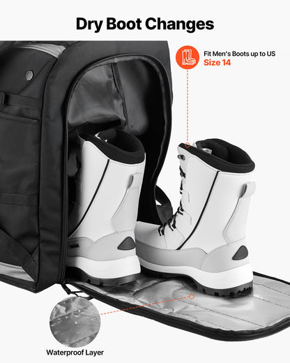 Ski Boot Bag, 65L, Snowboard Boots Travel Backpack for Men Women, with Waterproof Exterior & Bottom, Durable 1680D Oxford, Bag for Skis, Snowboard, Helmet, Goggles, Gloves, Accessories (Black).