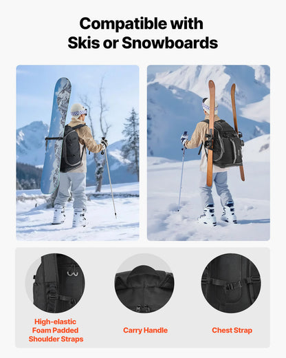 Ski Boot Bag, 65L, Snowboard Boots Travel Backpack for Men Women, with Waterproof Exterior & Bottom, Durable 1680D Oxford, Bag for Skis, Snowboard, Helmet, Goggles, Gloves, Accessories (Black).