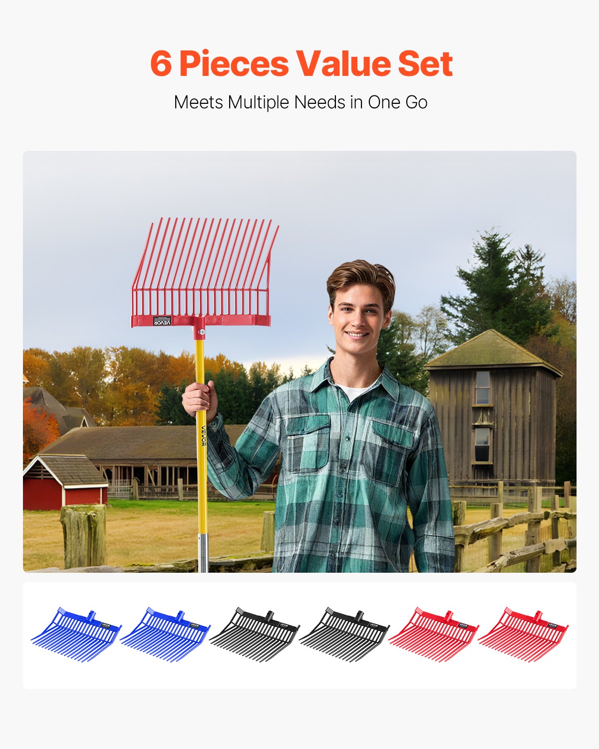 6PCS Manure Fork Replacement Head, 18 Angled Tines Horse Manure Fork Head, Durable Plastic Pitchfork Heads, Horse Mulch Rake for Picking up Stable Stall Muck Grass Hay Cleaning Farm Work