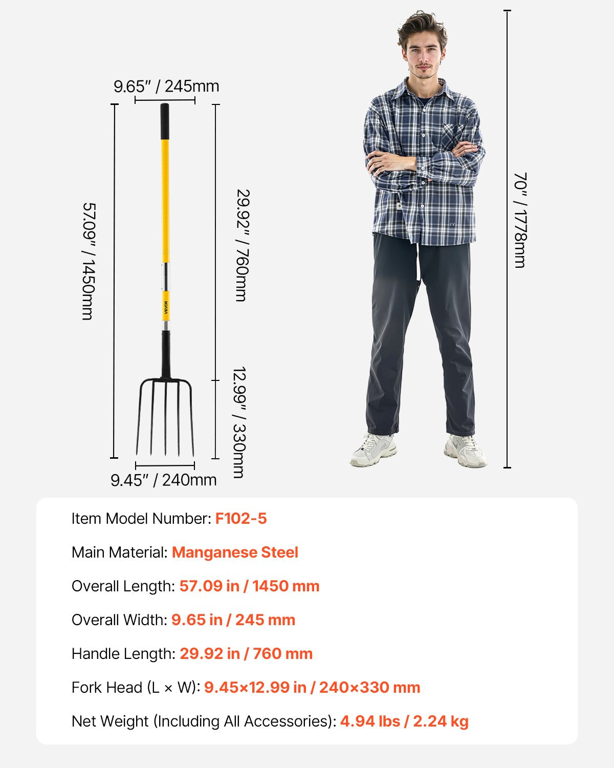 Garden Fork, 5-Tine Gardening Pitchfork with Fiberglass Handle, 57 in Heavy Duty Digging Fork with Y Grip, Forged Steel Spading Fork for Hay Potato Composting Transplanting Aeration