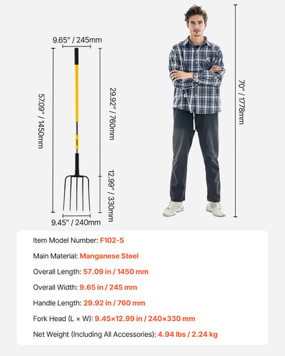 Garden Fork, 5-Tine Gardening Pitchfork with Fiberglass Handle, 57 in Heavy Duty Digging Fork with Y Grip, Forged Steel Spading Fork for Hay Potato Composting Transplanting Aeration