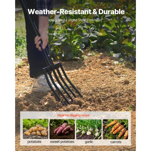 5-tine garden fork metal handle 41 inch spading pitchfork Y-grip heavy duty