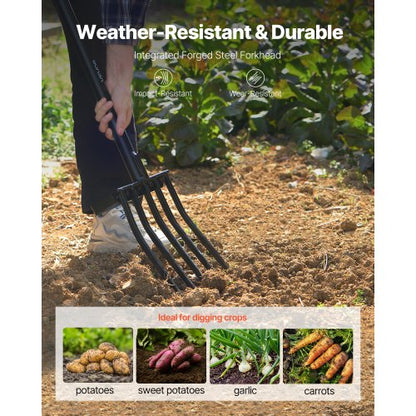 5-tine garden fork metal handle 41 inch spading pitchfork Y-grip heavy duty