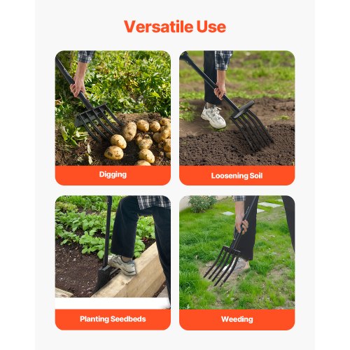 5-tine garden fork metal handle 41 inch spading pitchfork Y-grip heavy duty