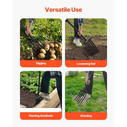 5-tine garden fork metal handle 41 inch spading pitchfork Y-grip heavy duty