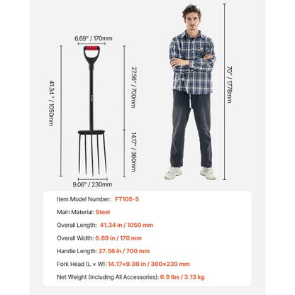 5-tine garden fork metal handle 41 inch spading pitchfork Y-grip heavy duty