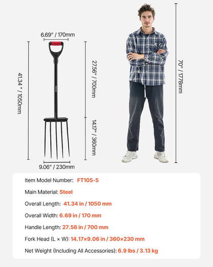 Garden Fork, 5-Tine Gardening Pitchfork with Metal Handle, 41 in Heavy Duty Digging Fork with Y Grip, Forged Steel Spading Fork for Hay Potato Composting Transplanting Aeration