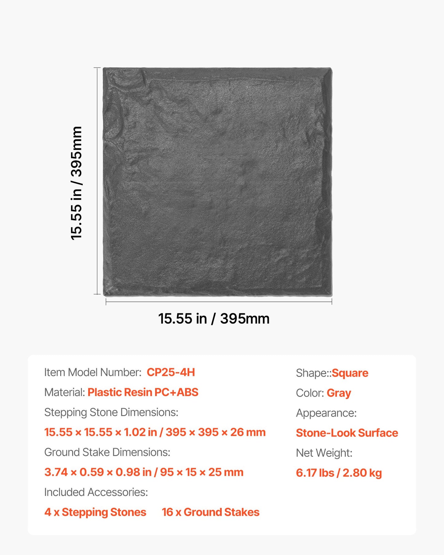 Garden Stepping Stones, 4Pcs 15.5 x 15.5 in, Decorative Stepping Stones with Stakes, Weather-Resistant Plastic Pathway Pavers, Smooth Surface, Outdoor Walkway for Lawn Patio Landscape, Grey