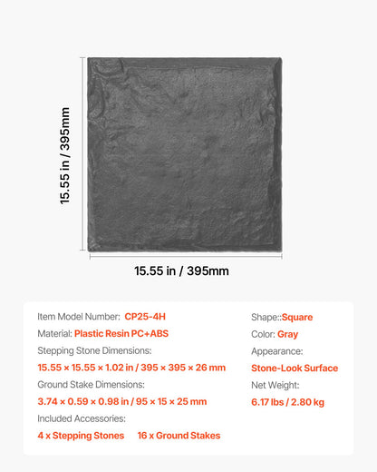 Garden Stepping Stones, 4Pcs 15.5 x 15.5 in, Decorative Stepping Stones with Stakes, Weather-Resistant Plastic Pathway Pavers, Smooth Surface, Outdoor Walkway for Lawn Patio Landscape, Grey