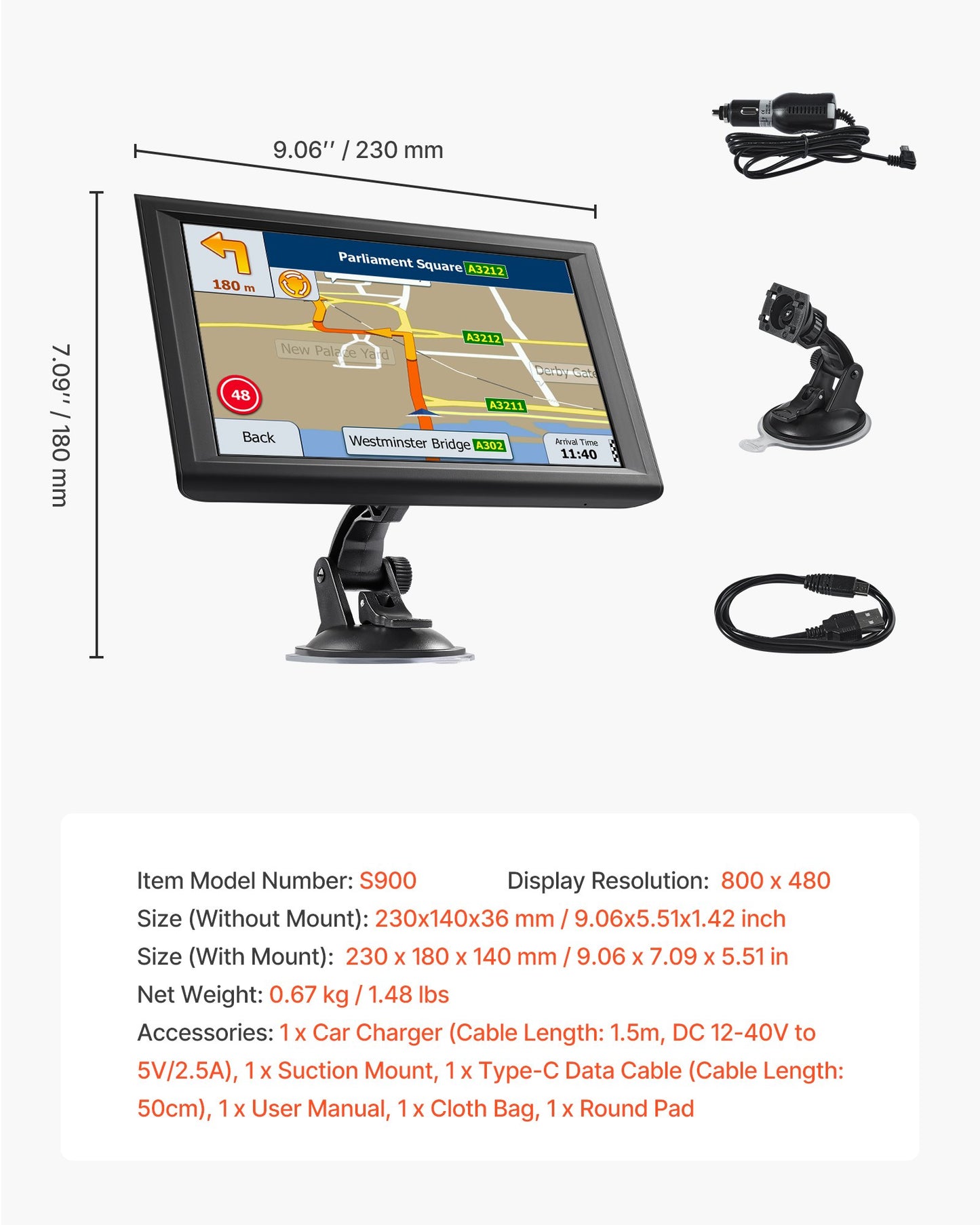 GPS Navigator for Car, 9 inch Touch Screen 16GB GPS Navigation System with Built-in Dash Cam, Voice Turn-by-Turn Guidance, Speed and Red Light Warning, Custom Truck Routing, for Car Truck RV