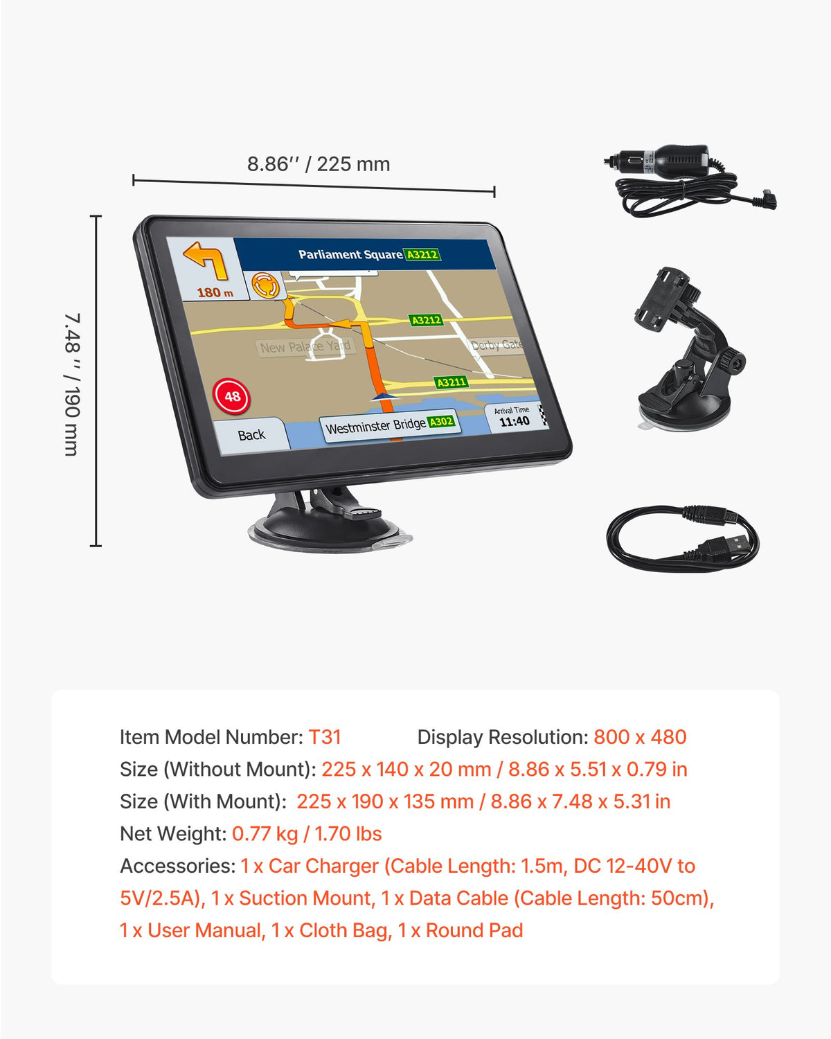 GPS Navigator for Car, 9 inch Touch Screen 16GB GPS Navigation System with Lifetime Map Updates, Voice Turn-by-Turn Guidance, Speed and Red Light Warning, Custom Truck Routing, for Car Truck RV