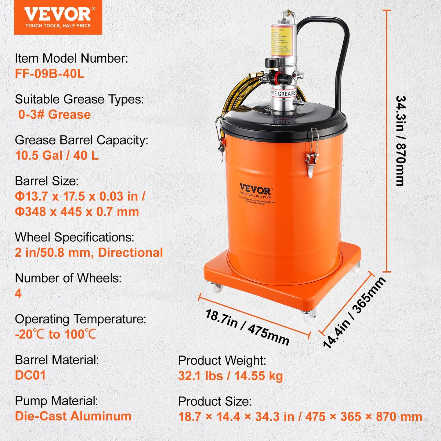 Grease Pump, 10.5 Gallon 40L Air Powered Grease Pump with 13 Feet High Pressure Hose and Grease Gun, Pneumatic Grease Bucket Pump with Wheels, Portable Grease Pump 50:1 Pressure Ratio