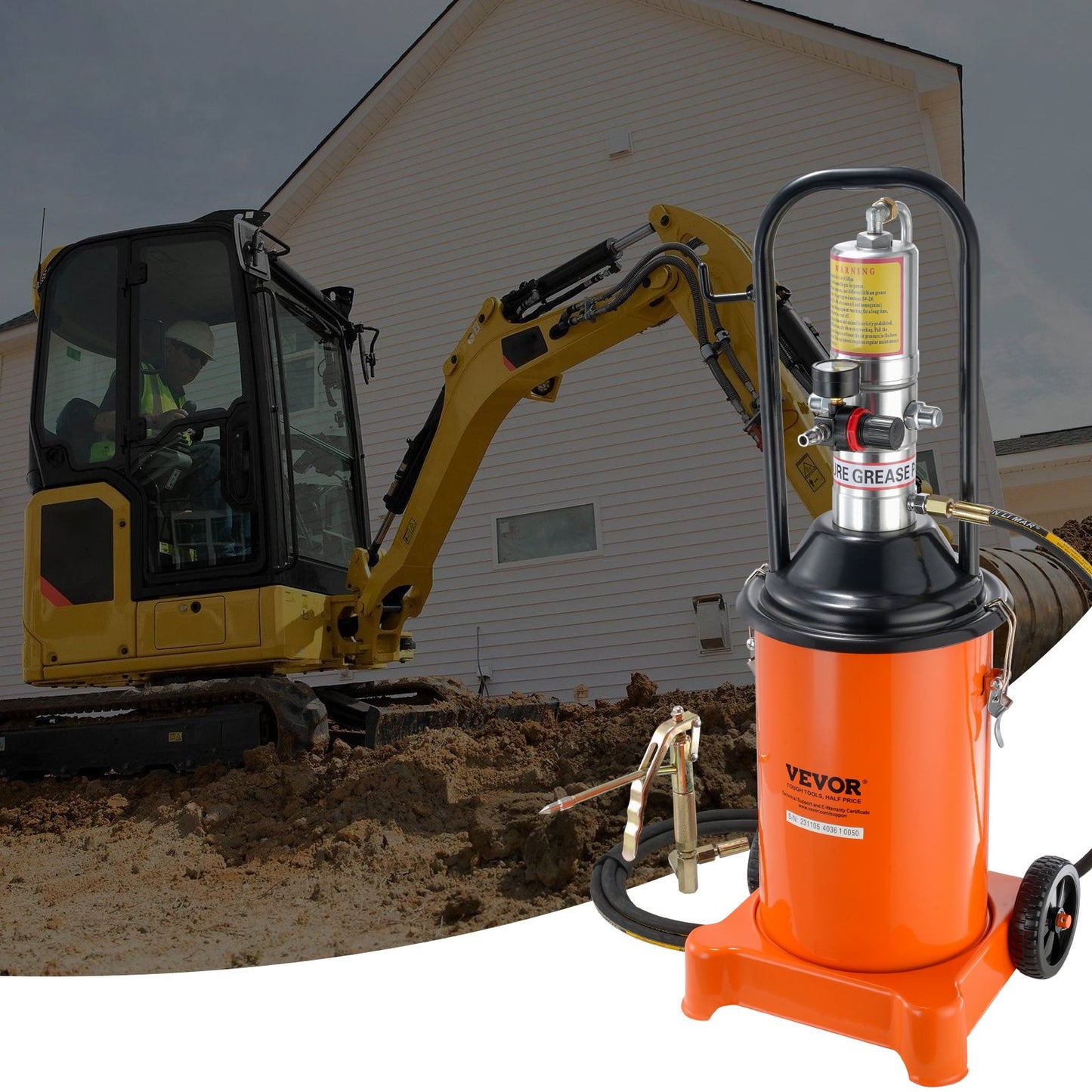 Grease Pump, 3 Gallon 12L, Air Operated Grease Pump with 13 ft High Pressure Hose and Grease Gun, Pneumatic Grease Bucket Pump with Wheels, Portable Lubrication Grease Pump 50:1 Pressure Ratio