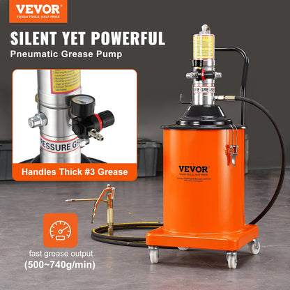 Grease Pump, 5 Gallon 20L, Air Powered Grease Pump with 13 Feet High Pressure Hose and Grease Gun, Pneumatic Grease Bucket Pump with Wheels, Portable Grease Pump 50:1 Pressure Ratio