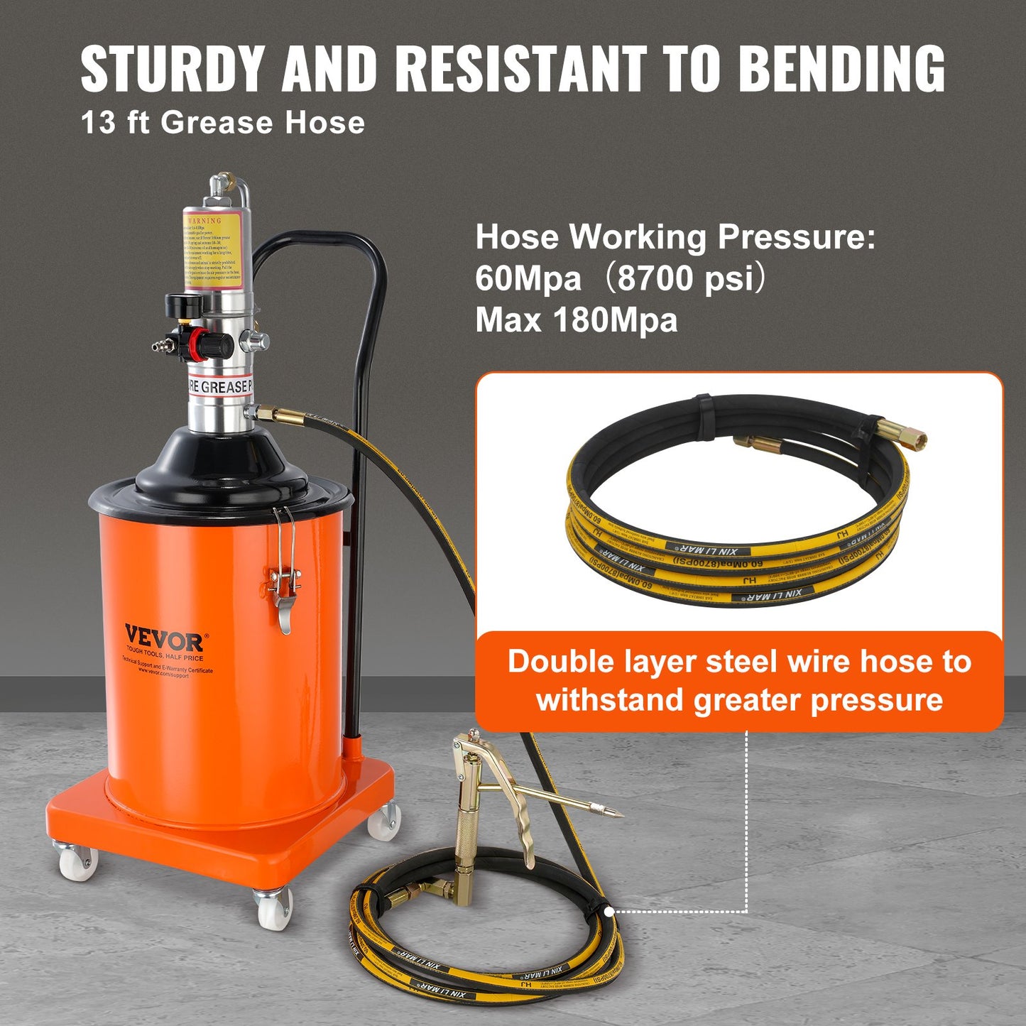 Grease Pump, 5 Gallon 20L, Air Powered Grease Pump with 13 Feet High Pressure Hose and Grease Gun, Pneumatic Grease Bucket Pump with Wheels, Portable Grease Pump 50:1 Pressure Ratio
