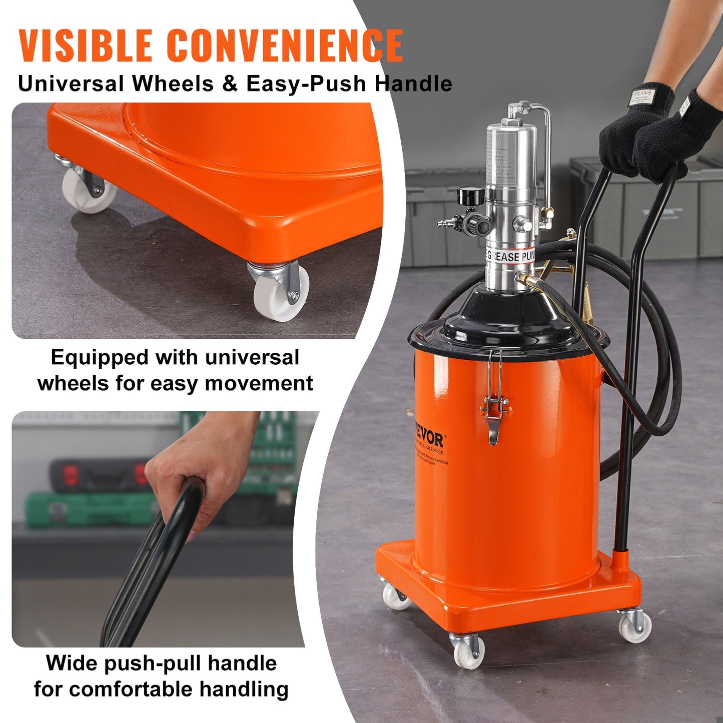 Grease Pump, 5 Gallon 20L, Air Powered Grease Pump with 13 Feet High Pressure Hose and Grease Gun, Pneumatic Grease Bucket Pump with Wheels, Portable Grease Pump 50:1 Pressure Ratio