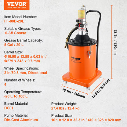 Grease Pump, 5 Gallon 20L, Air Powered Grease Pump with 13 Feet High Pressure Hose and Grease Gun, Pneumatic Grease Bucket Pump with Wheels, Portable Grease Pump 50:1 Pressure Ratio