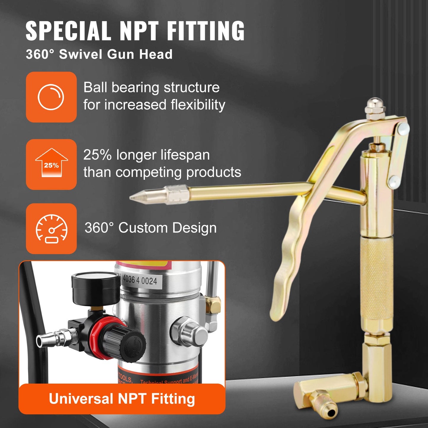 Grease Pump, 50:1 Pressure Ratio Air Powered Grease Pump with 13 Feet High Pressure Hose and Grease Gun, Pneumatic Grease Pump with Cylinder Cap, Portable Lubricating Grease Pump 360° Gun Head