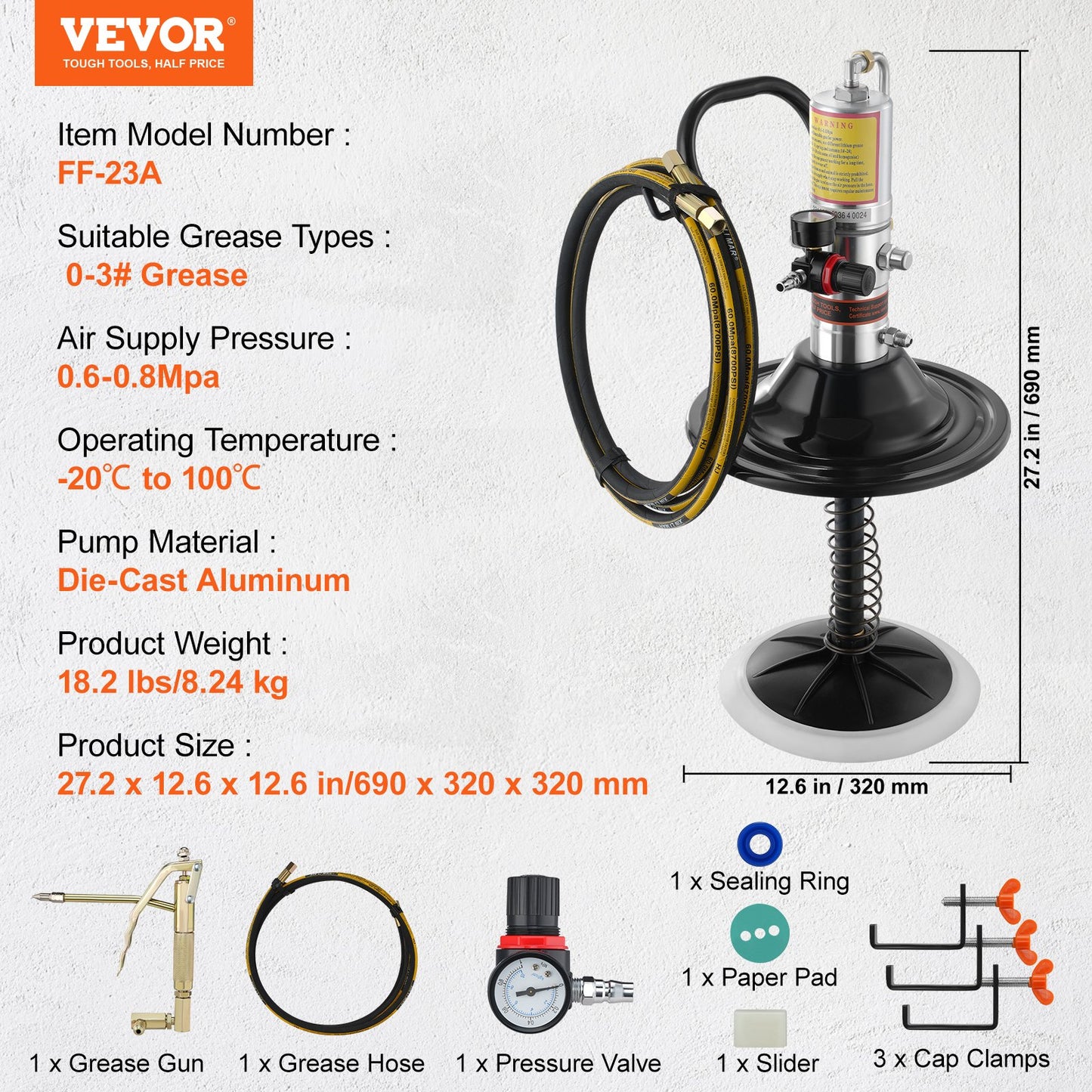 Grease Pump, 50:1 Pressure Ratio Air Powered Grease Pump with 13 Feet High Pressure Hose and Grease Gun, Pneumatic Grease Pump with Cylinder Cap, Portable Lubricating Grease Pump 360° Gun Head
